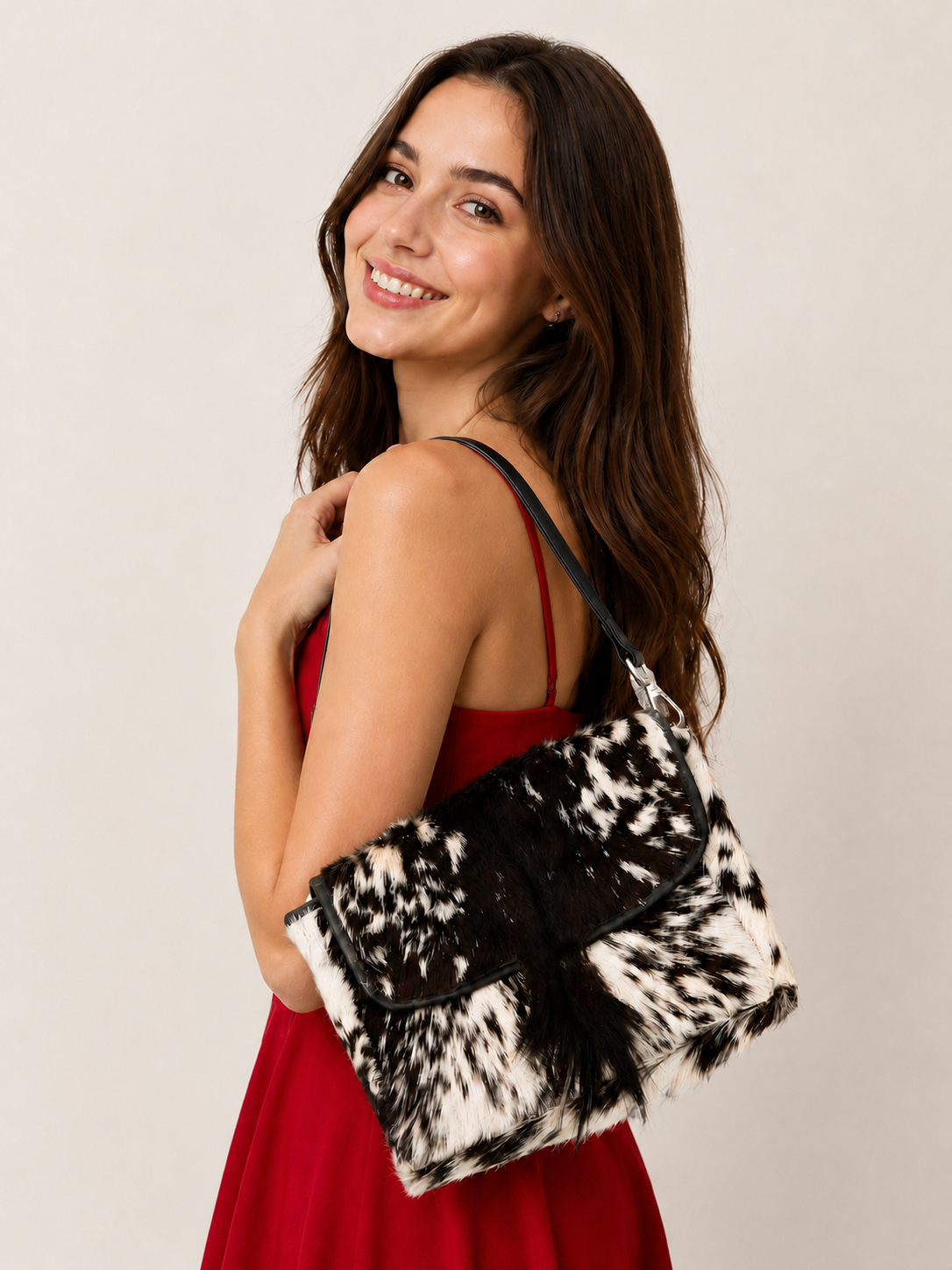 Luxury Black & White Cow Leather Shoulder Bag for Women | Genuine Hair-On Leather Handbag